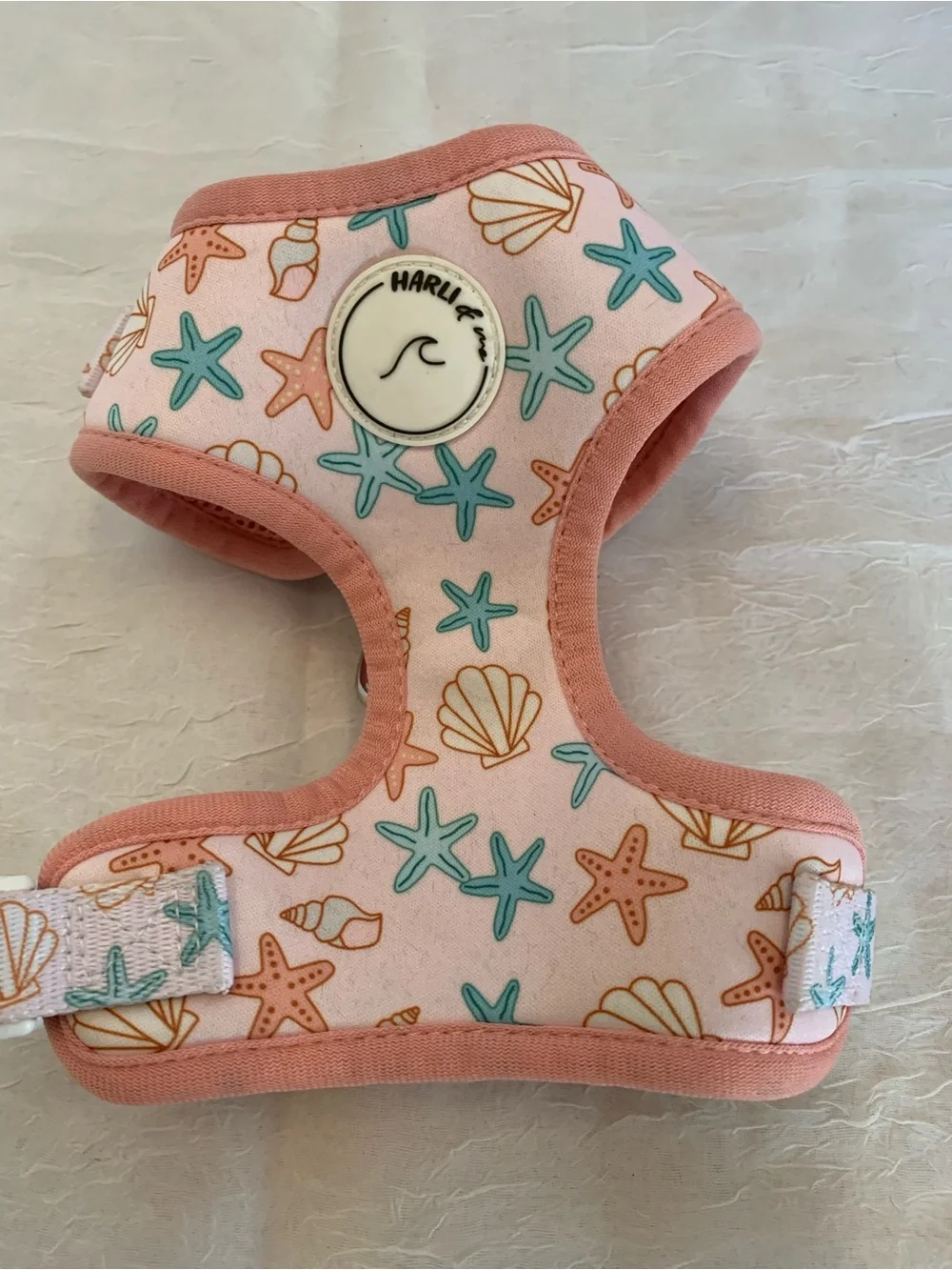 Harli & Me soft pet harness pastel pink with a seaside pattern